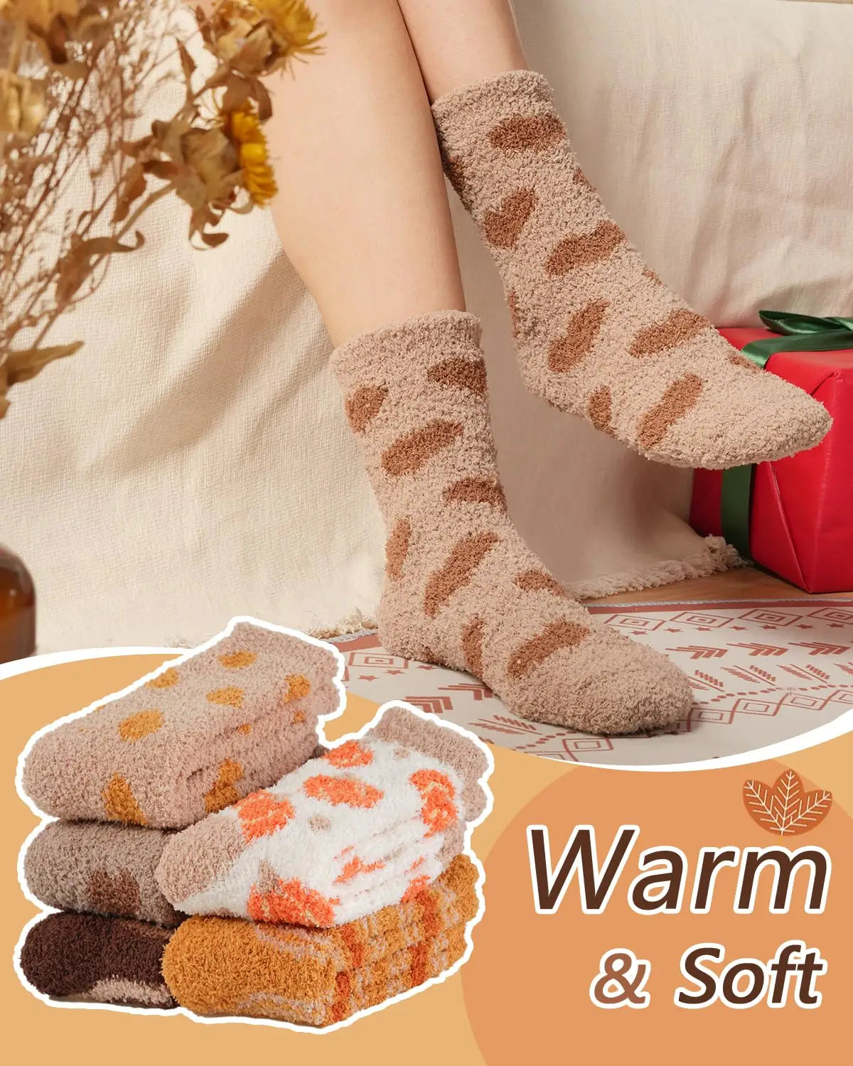Caramel Fall Cozy Fluffy Slipper Socks 5 Pairs