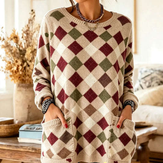 Vintage Argyle Colorful 3D-Print Pocket Sweatshirt