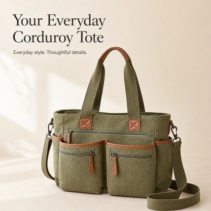 Corduroy Multi-Pocket Convertible Tote Bag