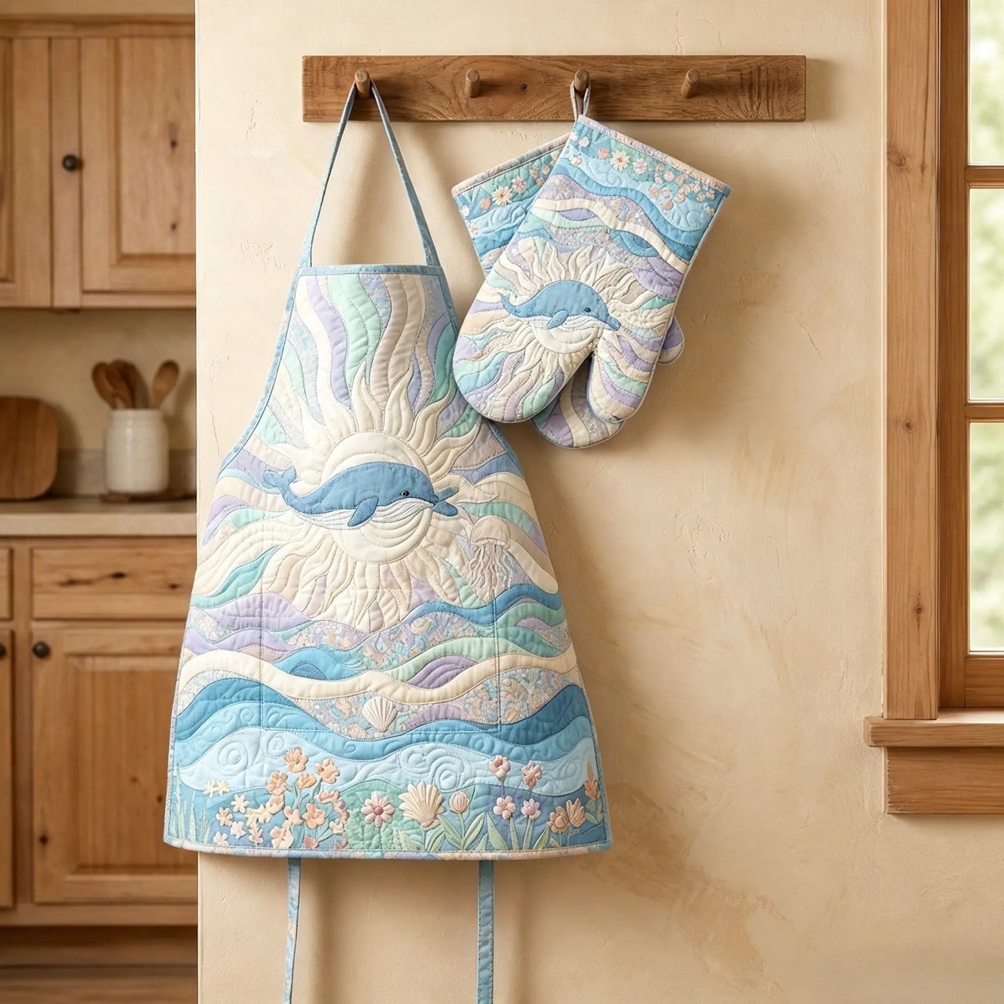 Dolphin Ocean Quilted Apron Set (2-Piece) – Padded Apron + Heat-Resistant Oven Mitts