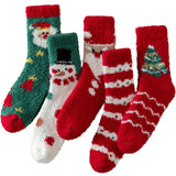Christmas Santa Snowman Tree Fall Cozy Fluffy Slipper Socks 5 Pairs