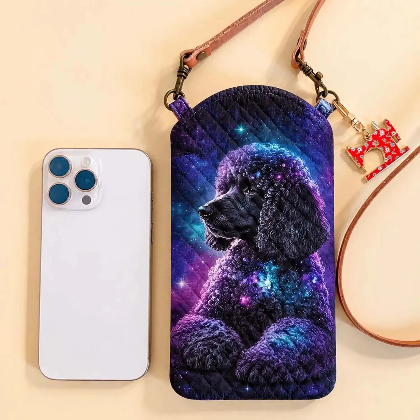 Black Poodle Dog Quilted Slim Phone Crossbody Bag