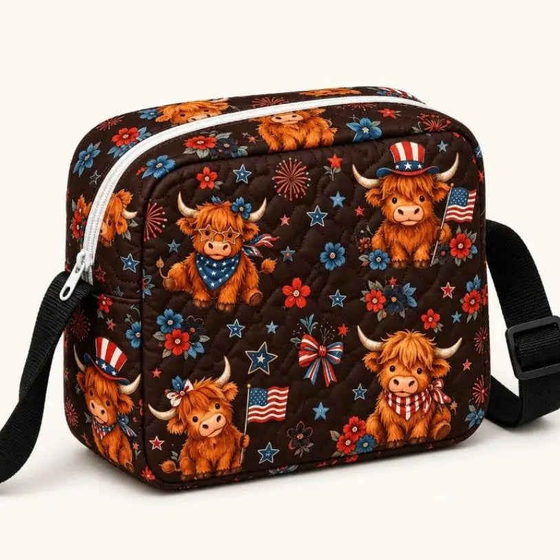 Patriotic Highland Cow Floral Quilted Crossbody Bag