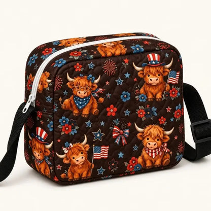 Patriotic Highland Cow Floral Quilted Crossbody Bag