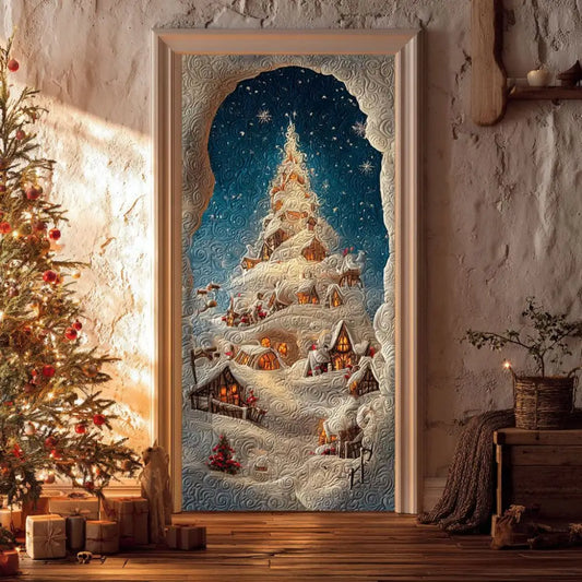 Snowy Christmas Village Starry Night Quilted Door Cover