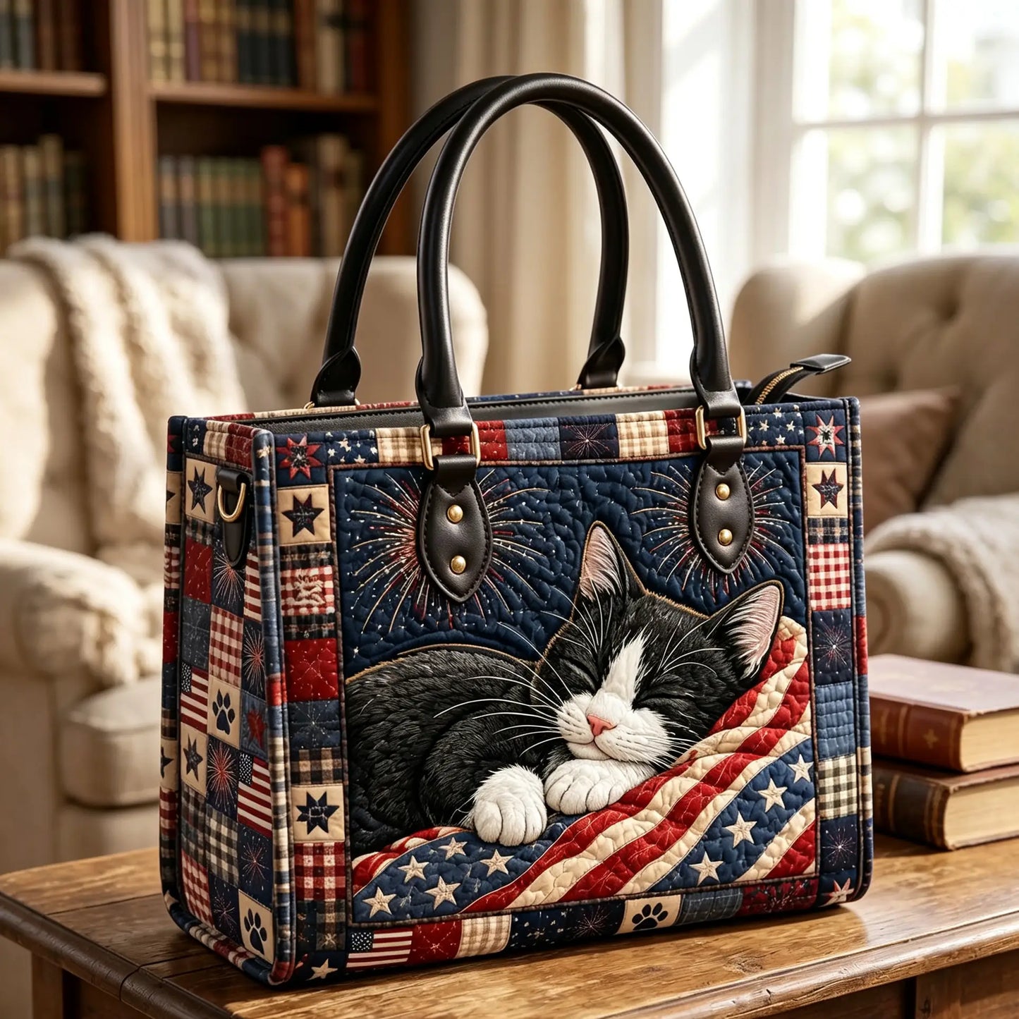 Patriotic Kitty Quilted Leather Strap Bible Handbag