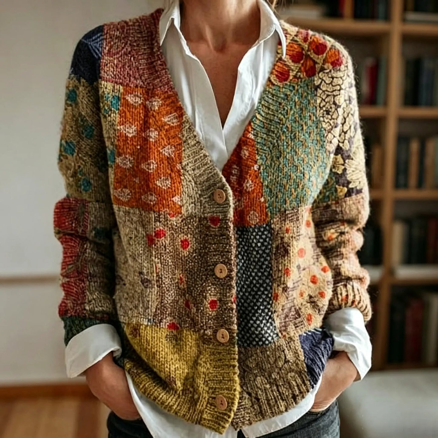 Women's Vintage Floral Art Pattern Print Buttoned Cardigan Sweater