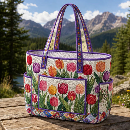 Colorful Tulip Floral Multiple Pockets Quilted Tote Bag