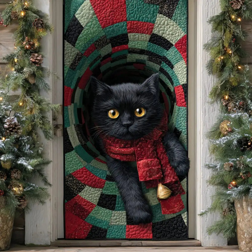Christmas Tunnel Black Cat Quilted Door Cover
