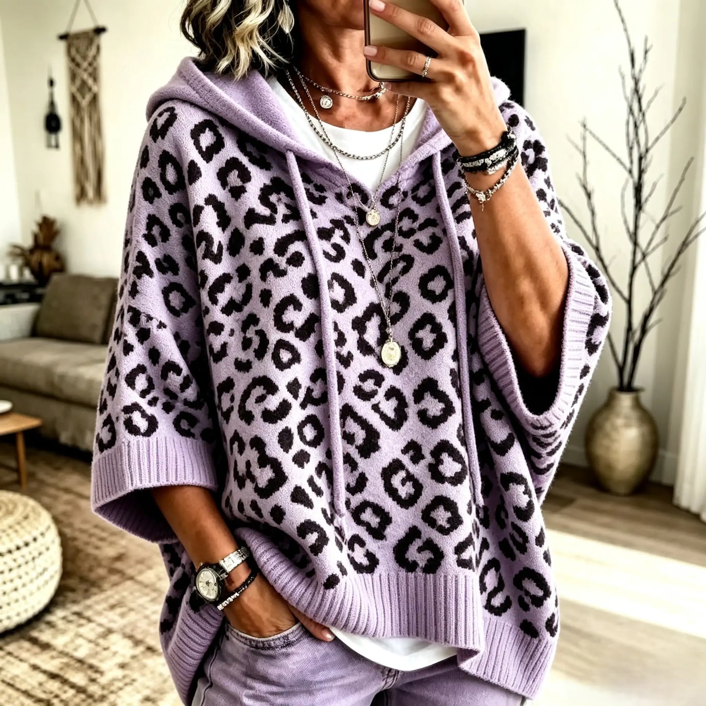 Comfortable And Casual Leopard-print Knitted Hoodie