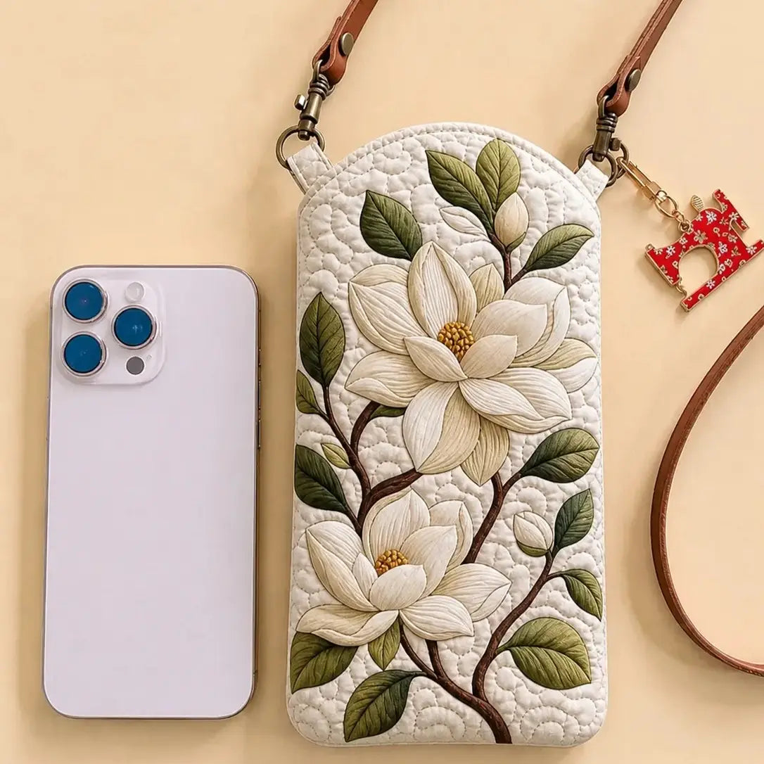 Rustic Magnolia Bloom Quilted Slim Phone Crossbody Bag