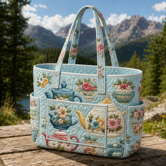 Vintage Teapot Floral Multiple Pockets Quilted Tote Bag