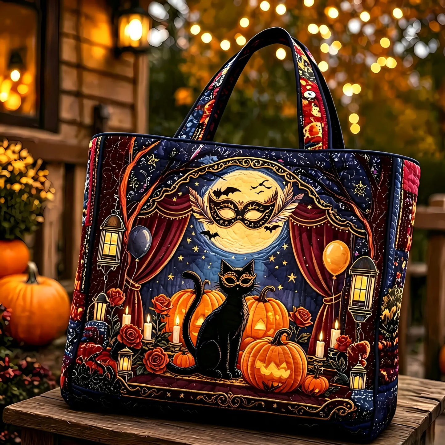 Black Cat Pumpkin Halloween Handmade Tote Bag