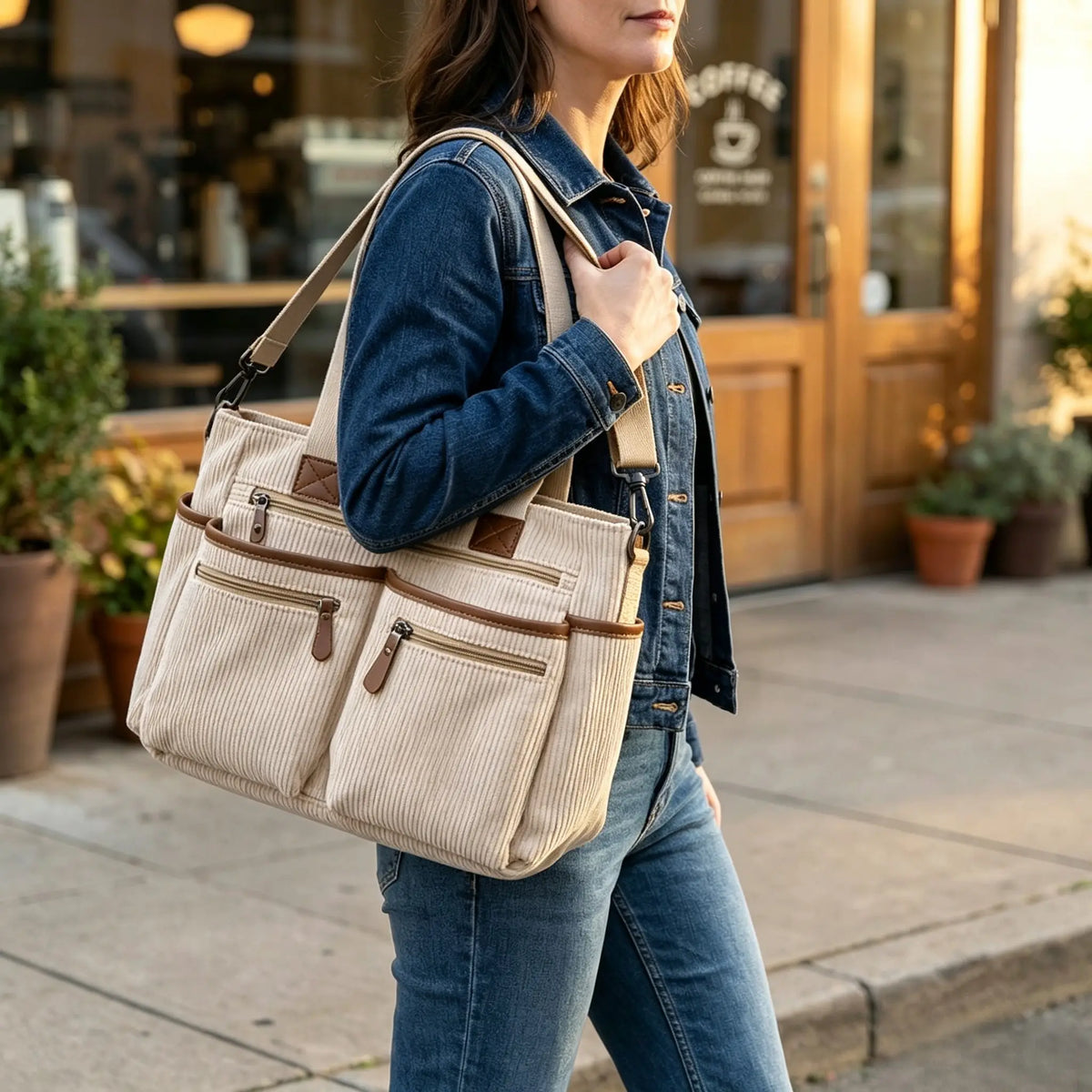 Corduroy Multi-Pocket Convertible Tote Bag