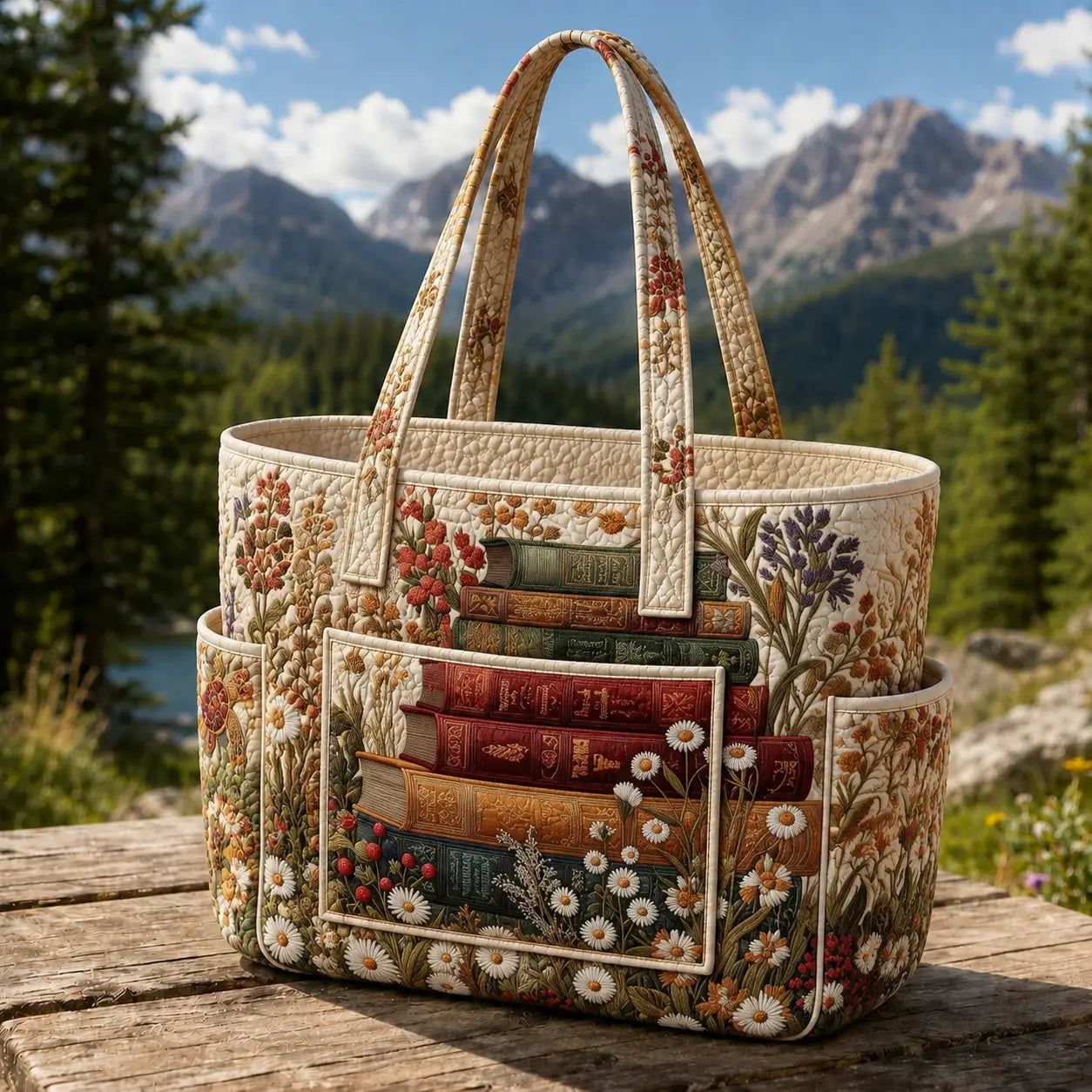 Antique Book Wildflower Multiple Pockets Quilted Tote Bag