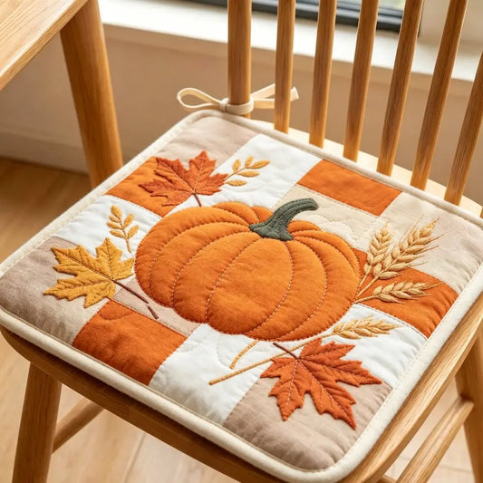 Autumn Pumpkin Maple Leaf Fall Quilted Chair Cushion