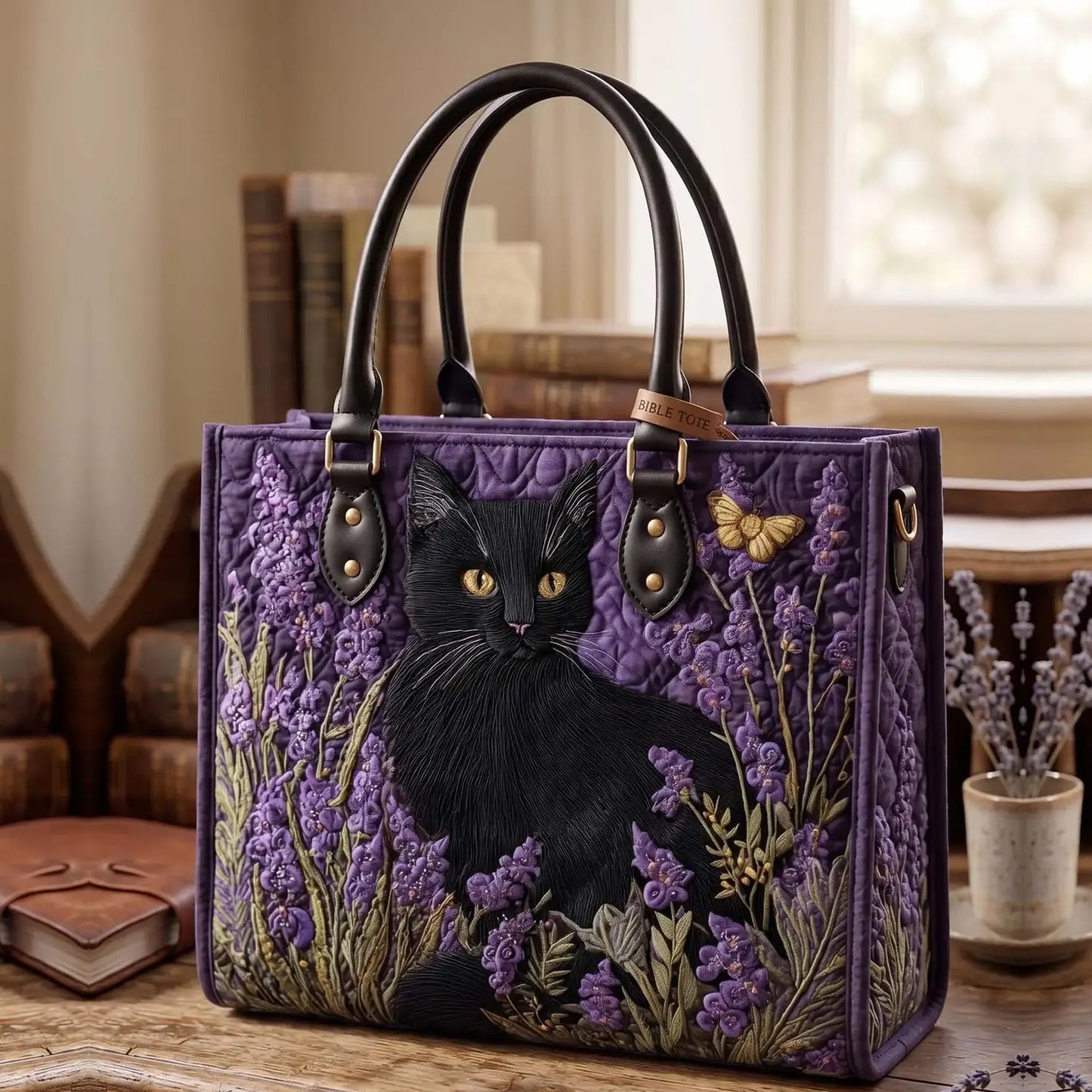 Lavender And The Black Cat Quilted Leather Strap Bible Handbag