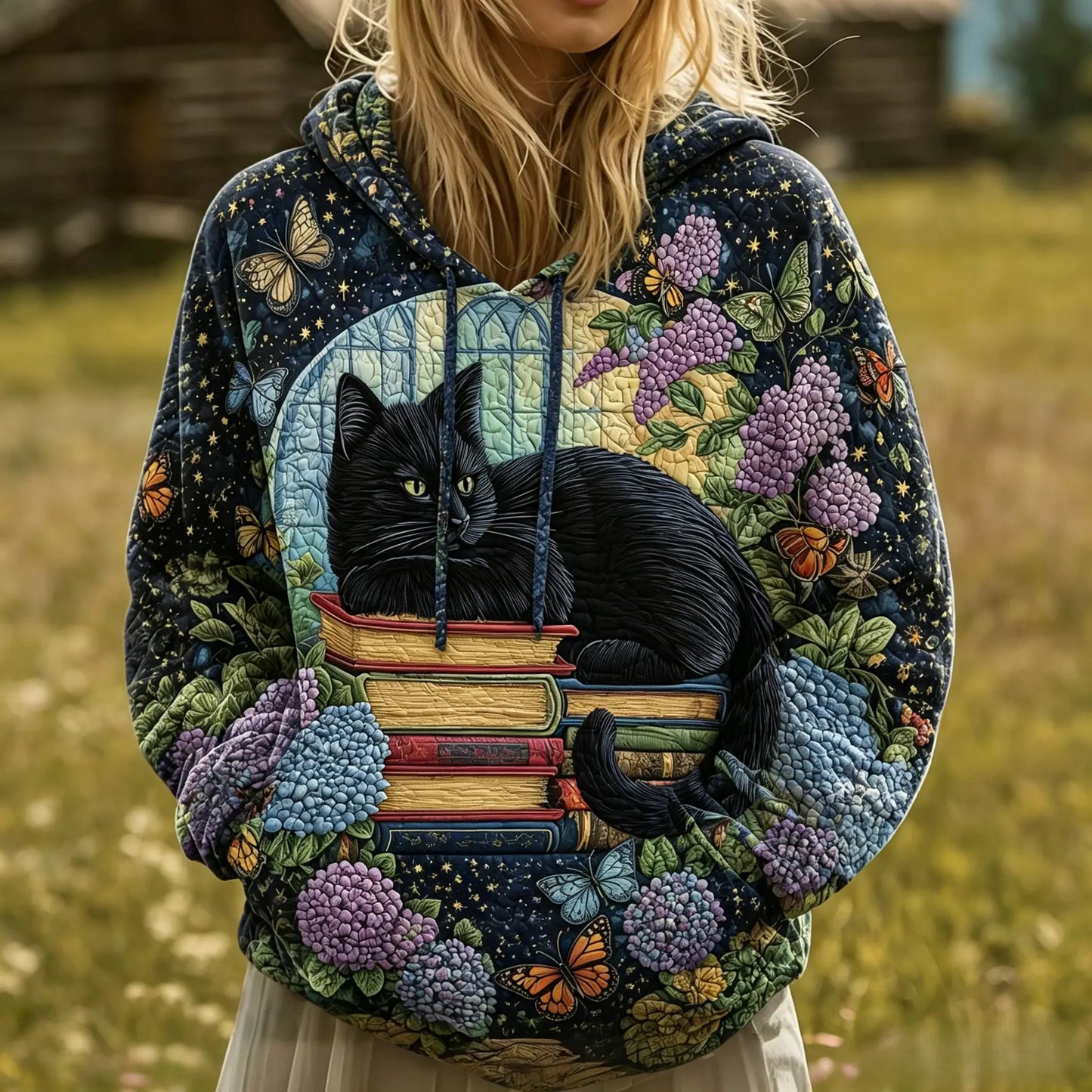 Black Cat Butterfly Hydrangea Quilted Casual Hoodie