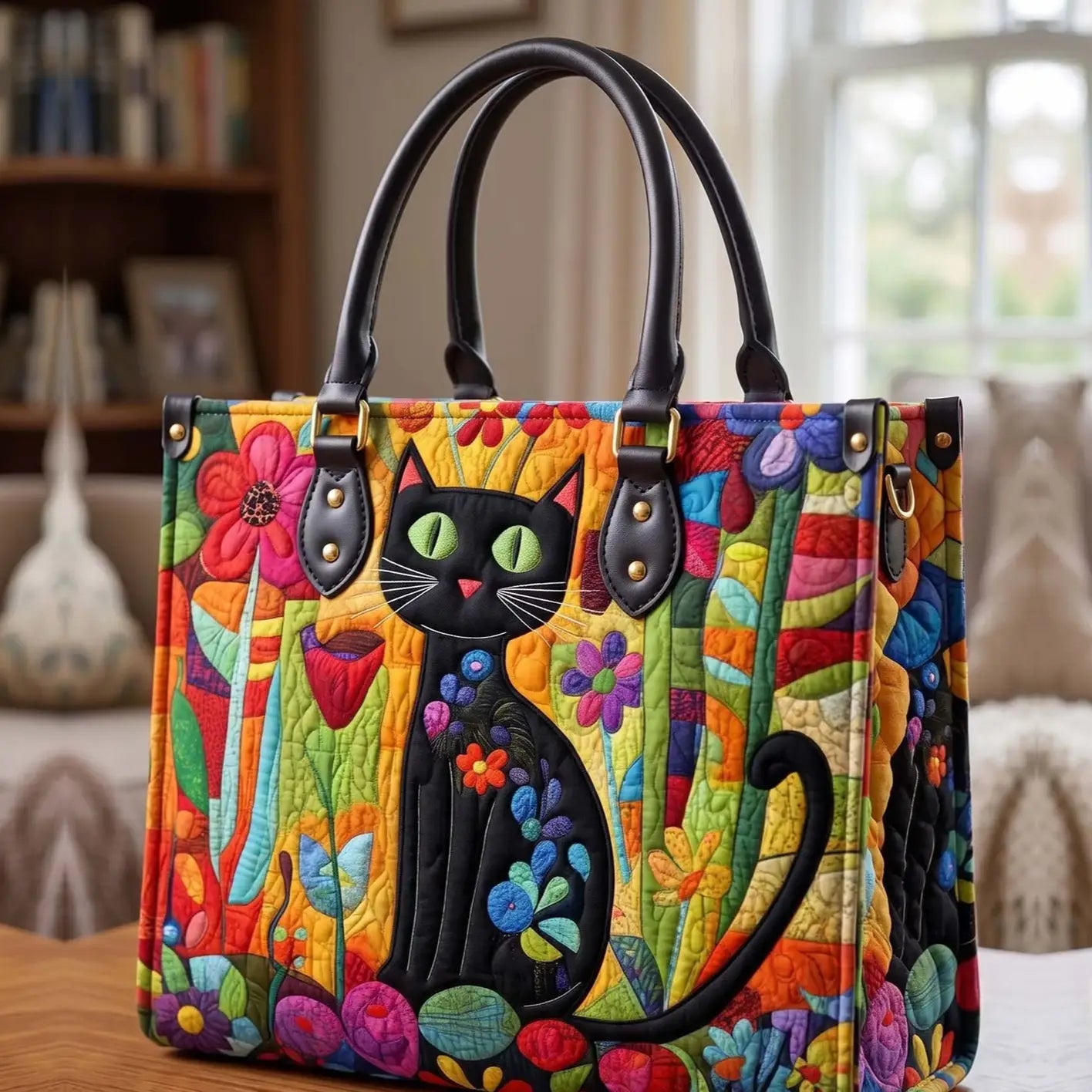 Black Cat Quilted Leather Strap Bible Handbag
