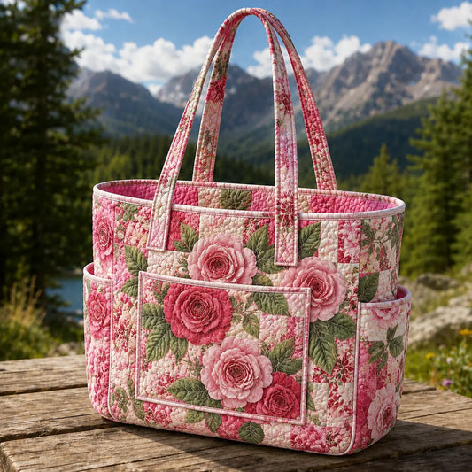 Pink Rose Multiple Pockets Quilted Tote Bag