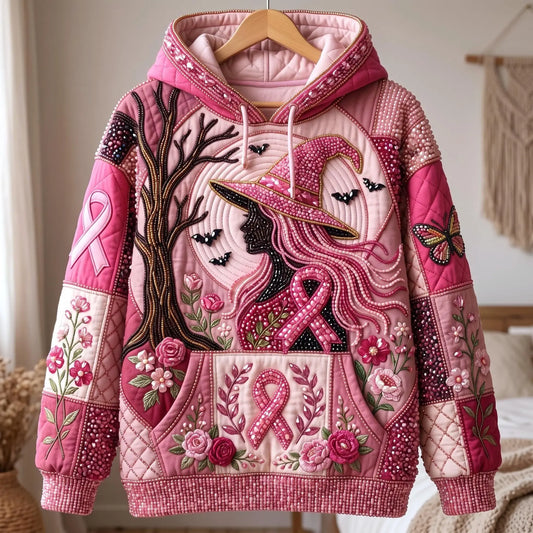 Pink Witch Floral Ribbon Beaded Quilted Casual Hoodie