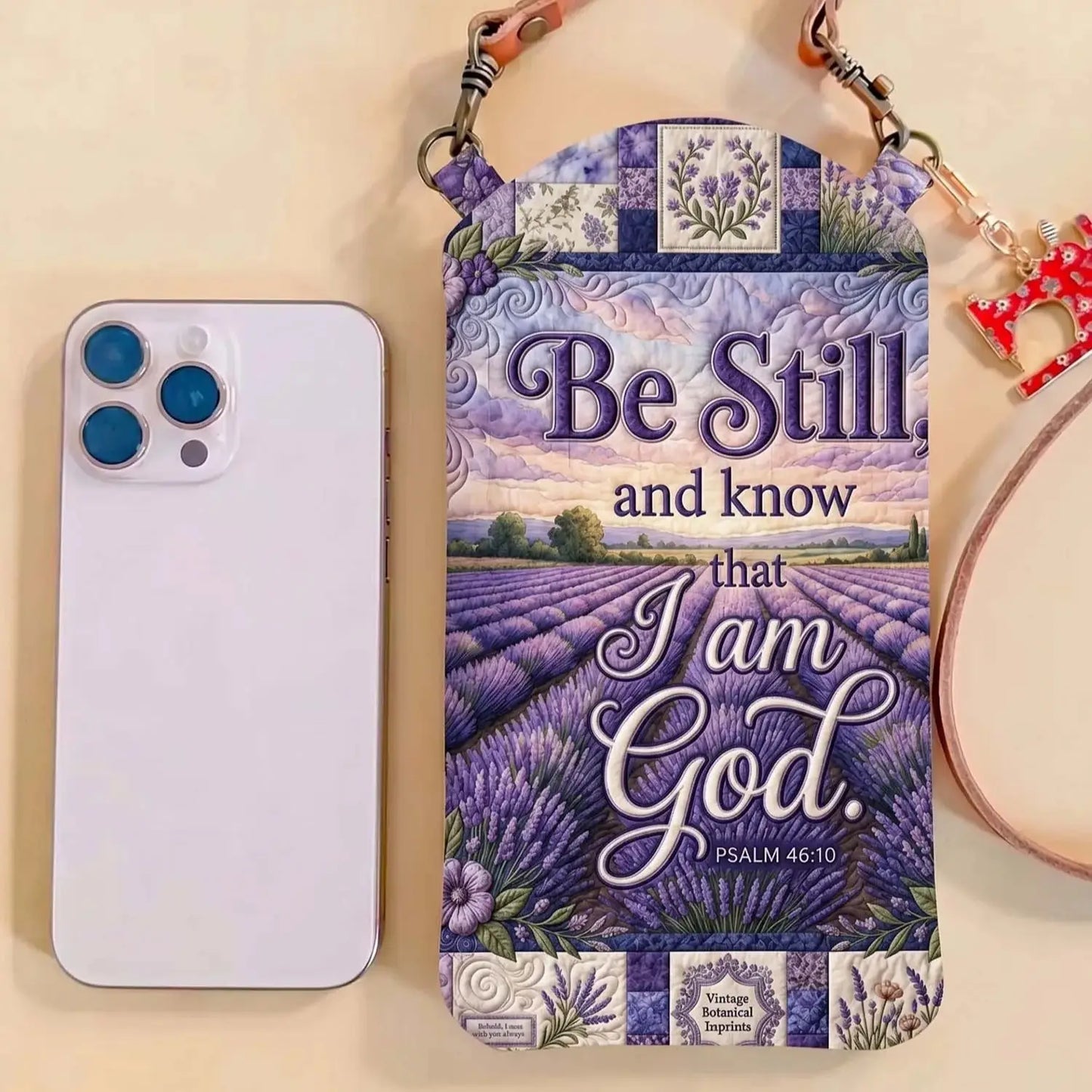 Be Still Lavender Scripture Quilted Slim Phone Crossbody Bag