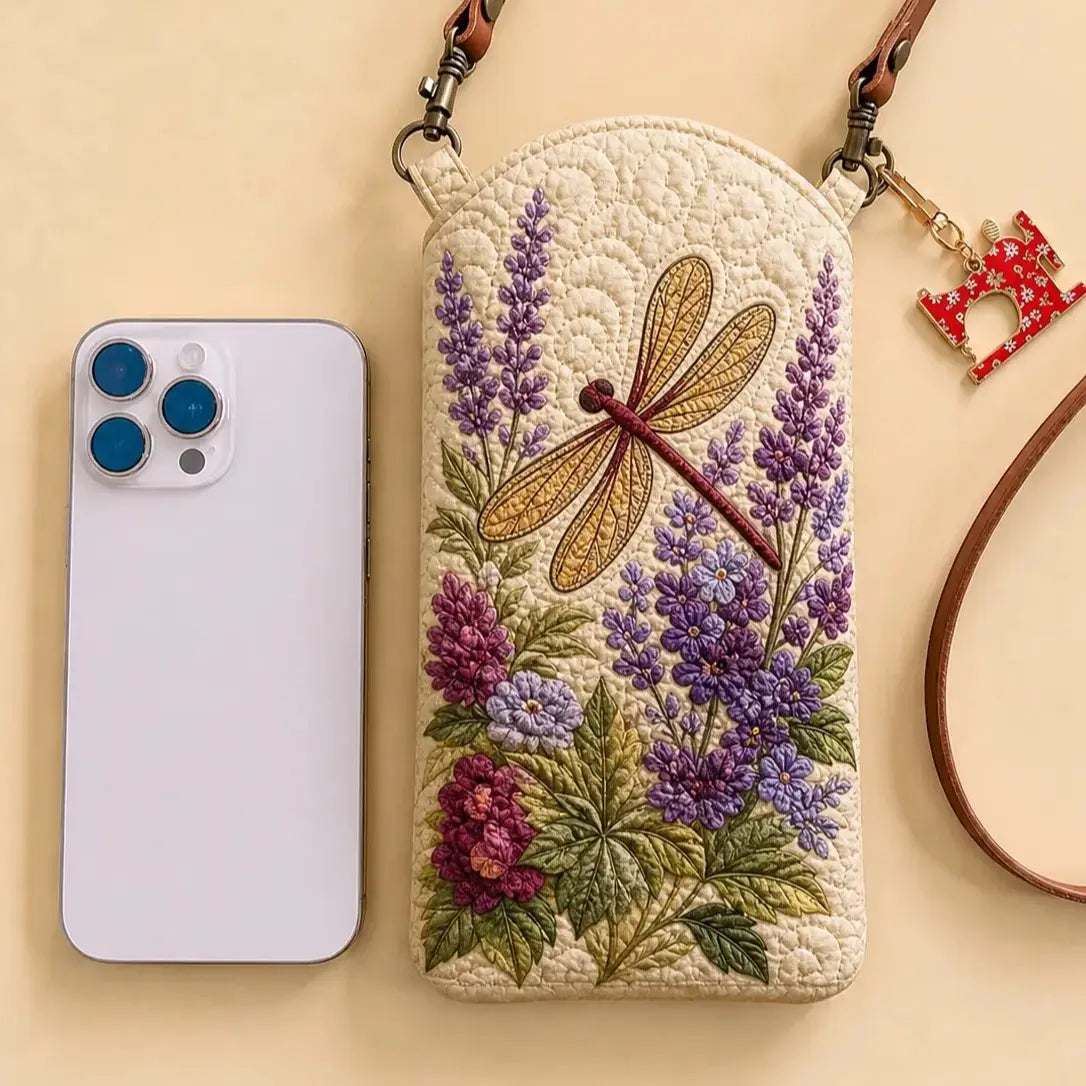Flower Dragonfly Quilted Slim Phone Crossbody Bag