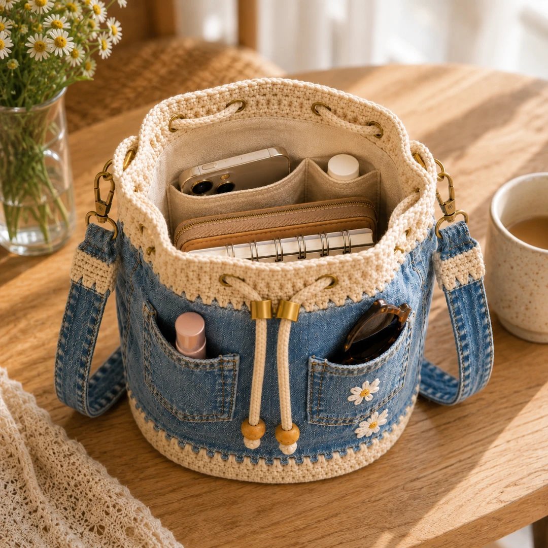 Denim Crochet Bucket Bag - 3