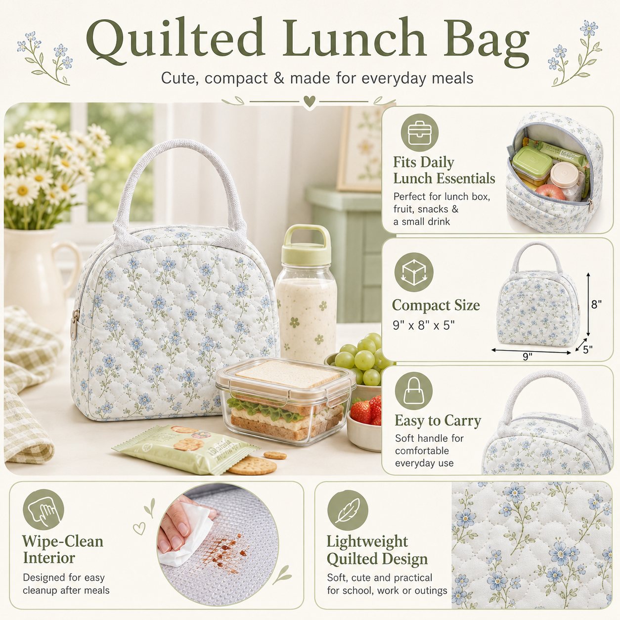 Vintage Wildflower & Sunflower Quilted Lunch Bag