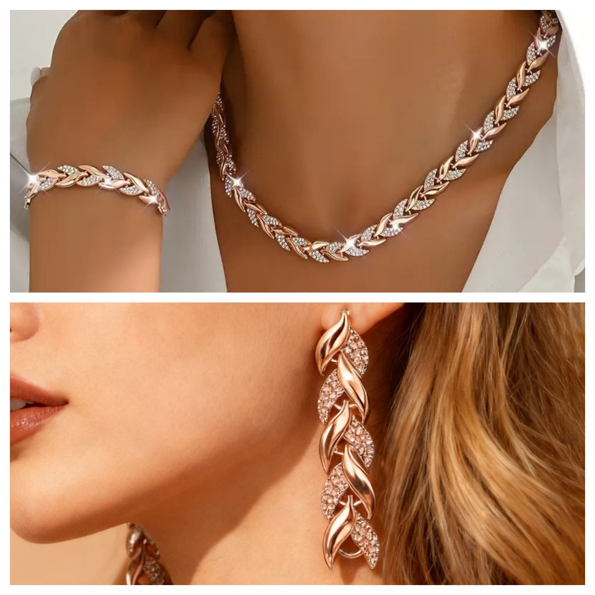 2PCS Glass Leaf Necklace Set Elegant Rhinestone Chain Necklace Bracelet For Women Fashion Luxury Jewelry Set - 4