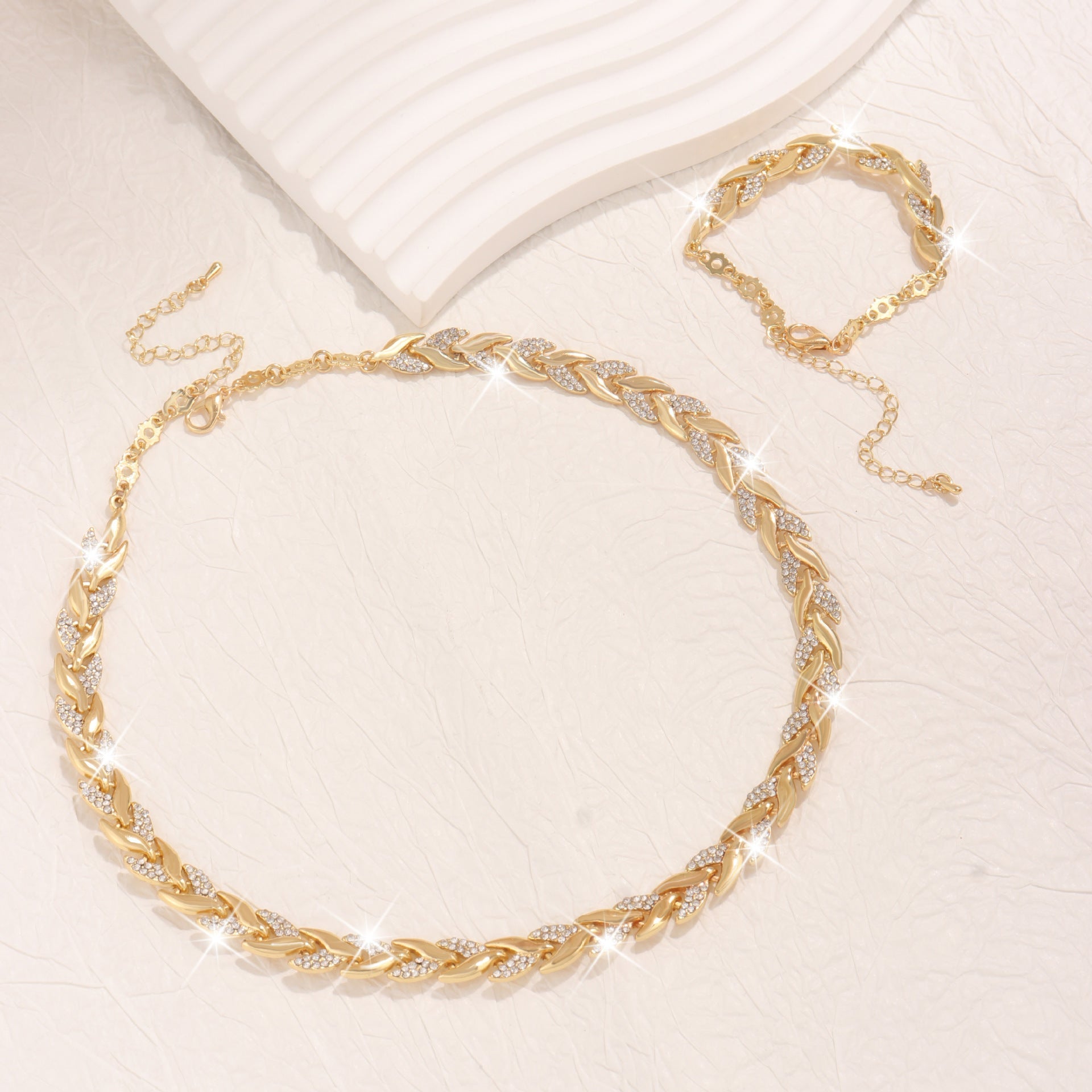 2PCS Glass Leaf Necklace Set Elegant Rhinestone Chain Necklace Bracelet For Women Fashion Luxury Jewelry Set - 2