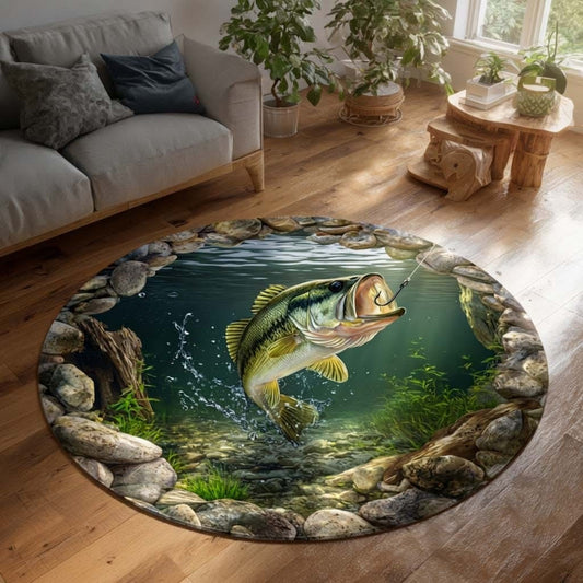 Bass Fishing Rug Sports Abyssal Quilted Round Mat