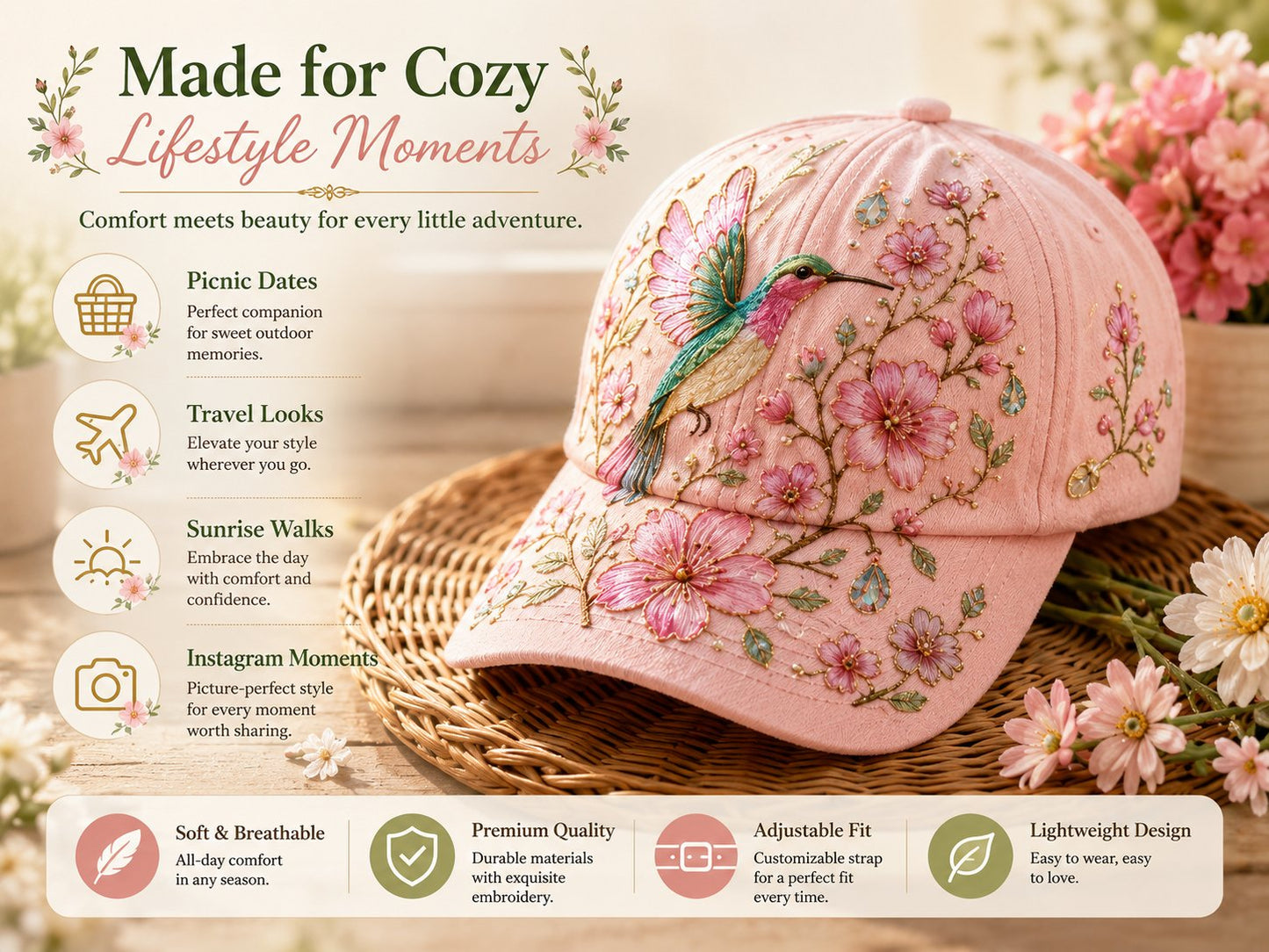 Adjustable Garden Morning Hummingbird Flowers Baseball Cap