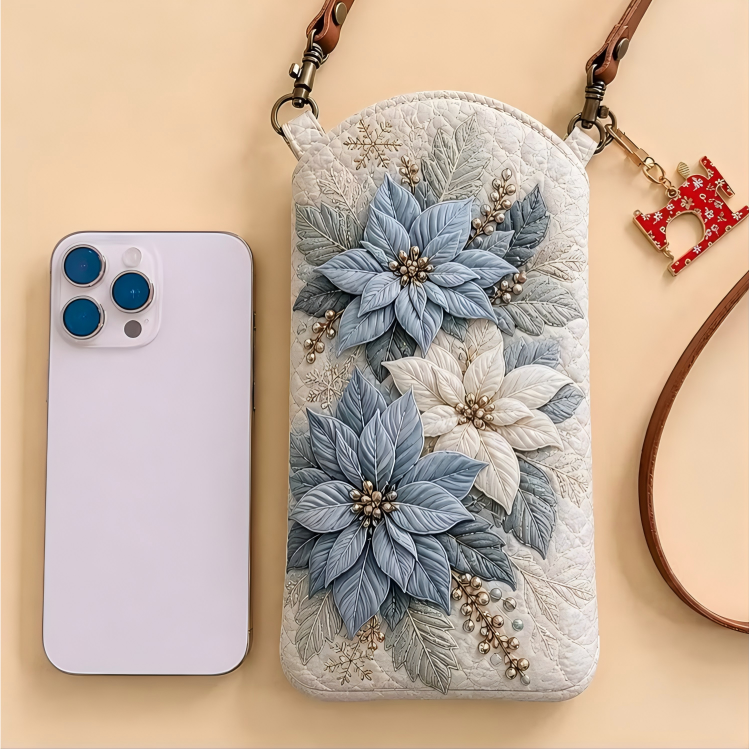 Blue Poinsettia Quilted Slim Phone Crossbody Bag