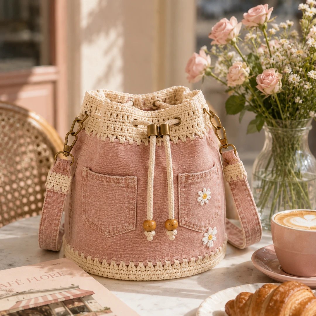 Denim Crochet Bucket Bag - 6