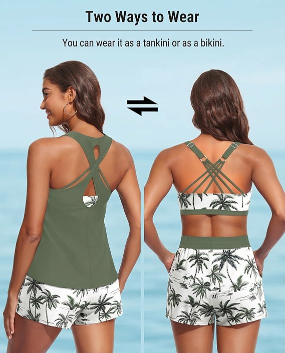 3 Piece Tankini with Shorts - Sporty Swimsuit