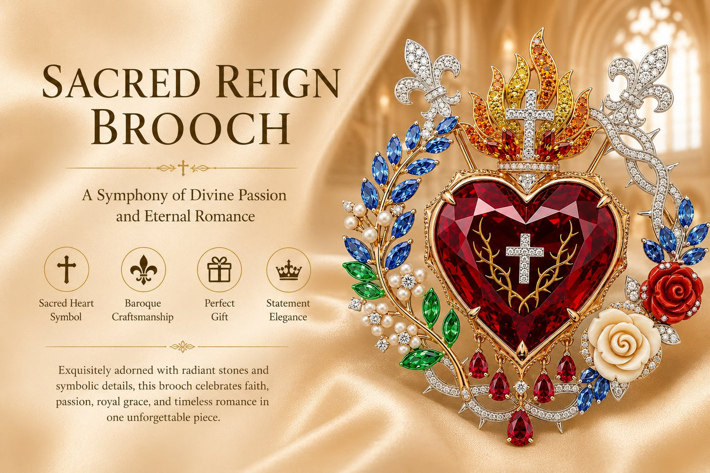 Sacred Heart Floral Gemstone Brooch | Vintage Palace-Inspired Statement Pin
