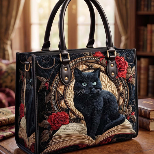 Book And The Black Cat Quilted Leather Strap Bible Handbag