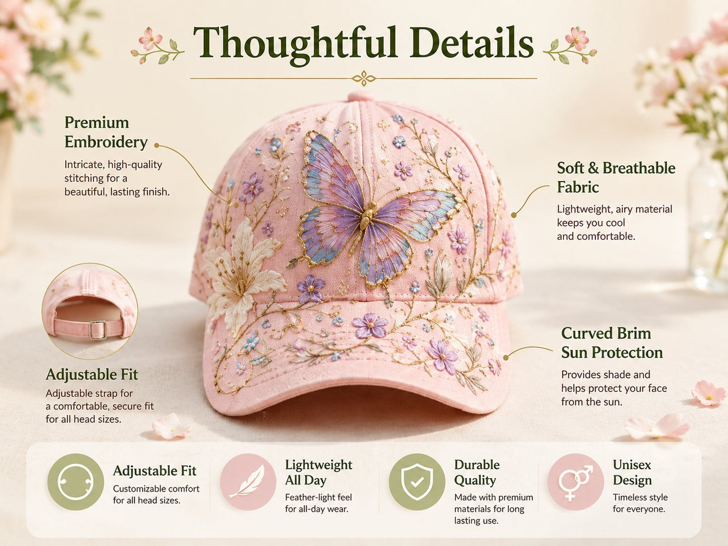 Adjustable Garden Morning Hummingbird Flowers Baseball Cap