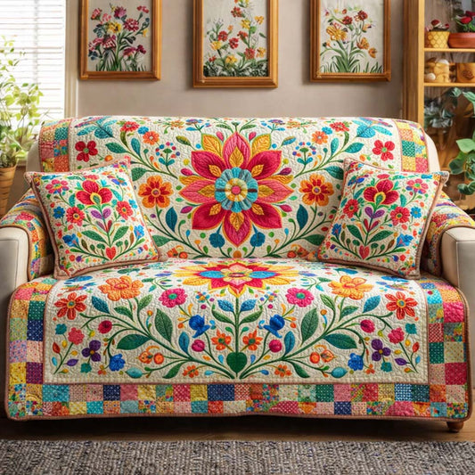 Folk Floral Quilted Sofa Cover