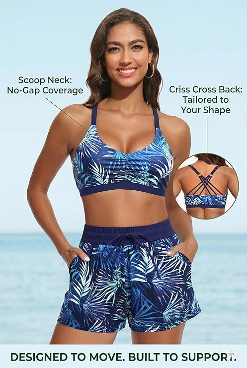 3 Piece Tankini with Shorts - Sporty Swimsuit