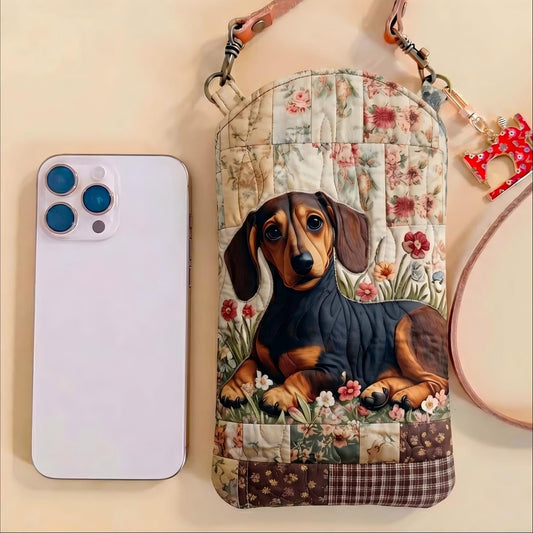 Floral Patchwork Dachshund Quilted Slim Phone Crossbody Bag