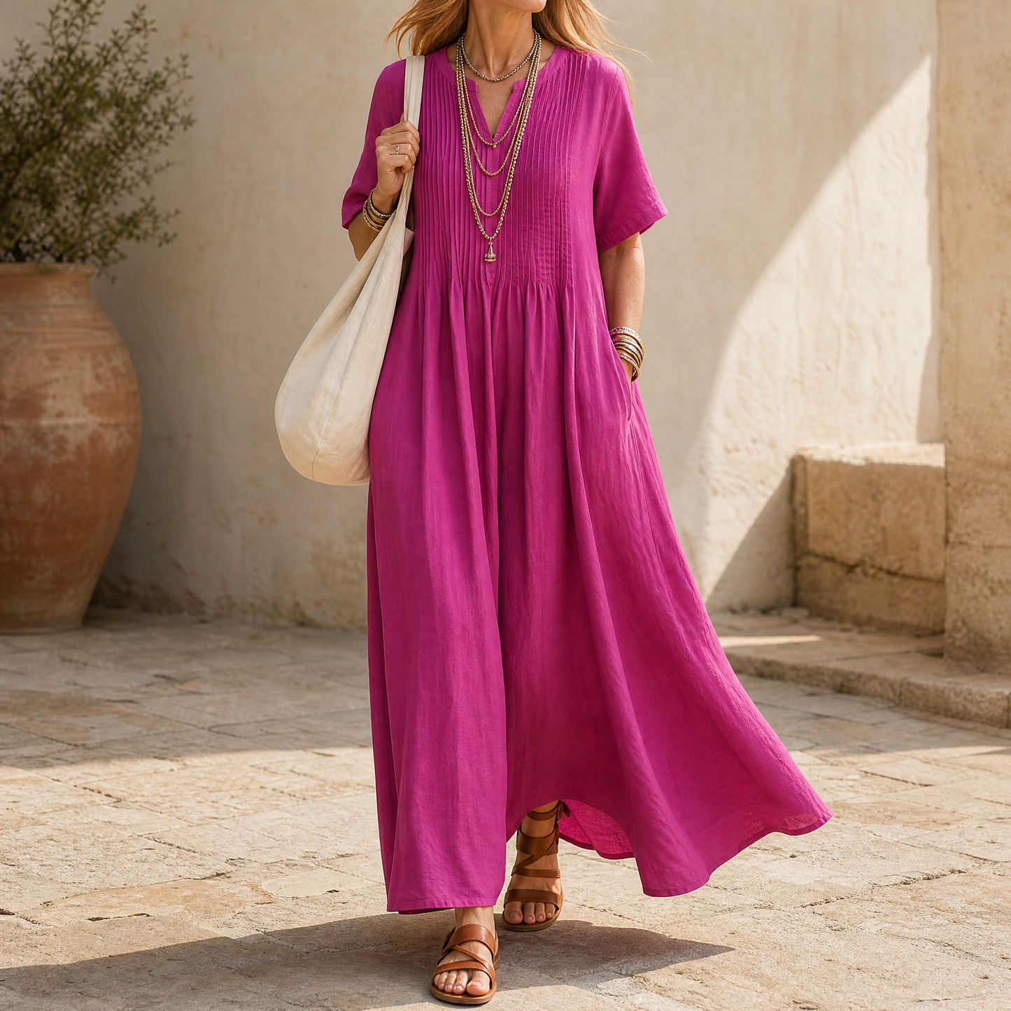 Pin-Tuck Maxi Dress with Pockets